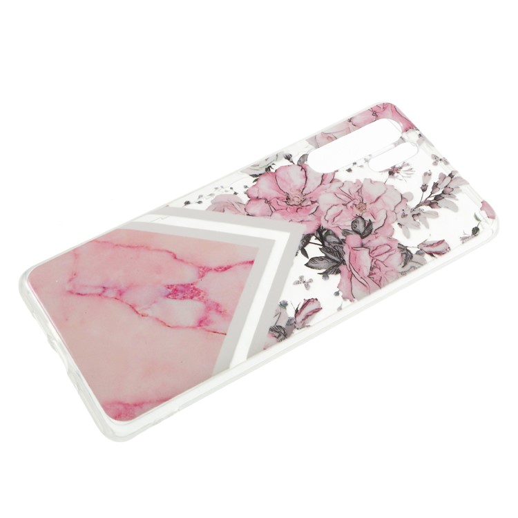 Embossed Pattern 3D Diamond Texture Soft TPU Cell Phone Cover for Huawei P30 Pro - Marble Pattern and Flowers-1
