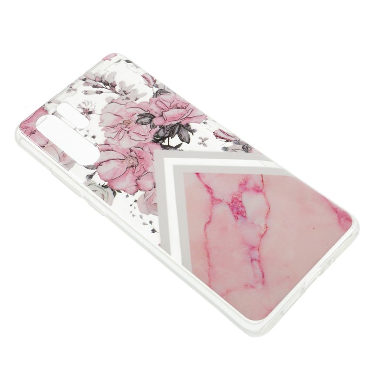 Embossed Pattern 3D Diamond Texture Soft TPU Cell Phone Cover for Huawei P30 Pro - Marble Pattern and Flowers-3