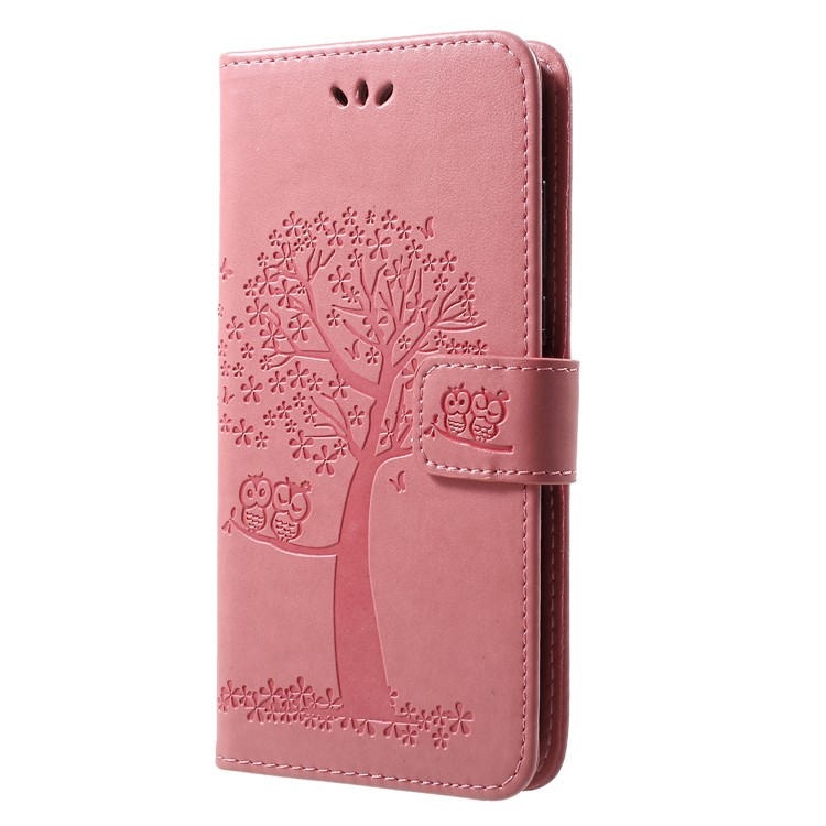 Imprint Tree Owl Stand Leather Phone Case for Huawei nova 4 - Pink-3