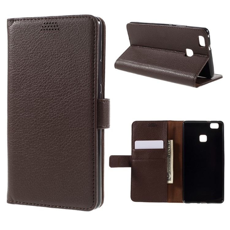 Lychee Skin Leather Stand Case with Card Slots for Huawei P9 Lite - Brown-1