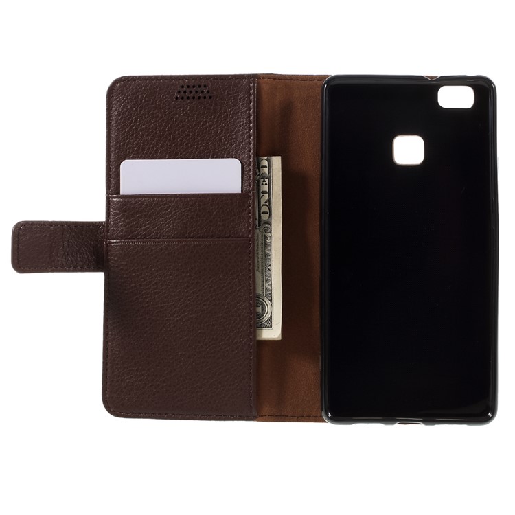 Lychee Skin Leather Stand Case with Card Slots for Huawei P9 Lite - Brown-6