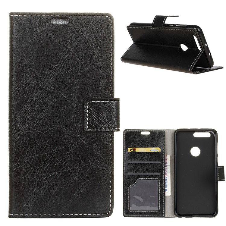 Crazy Horse Leather Wallet Case for Huawei Honor View 20 - Black-1