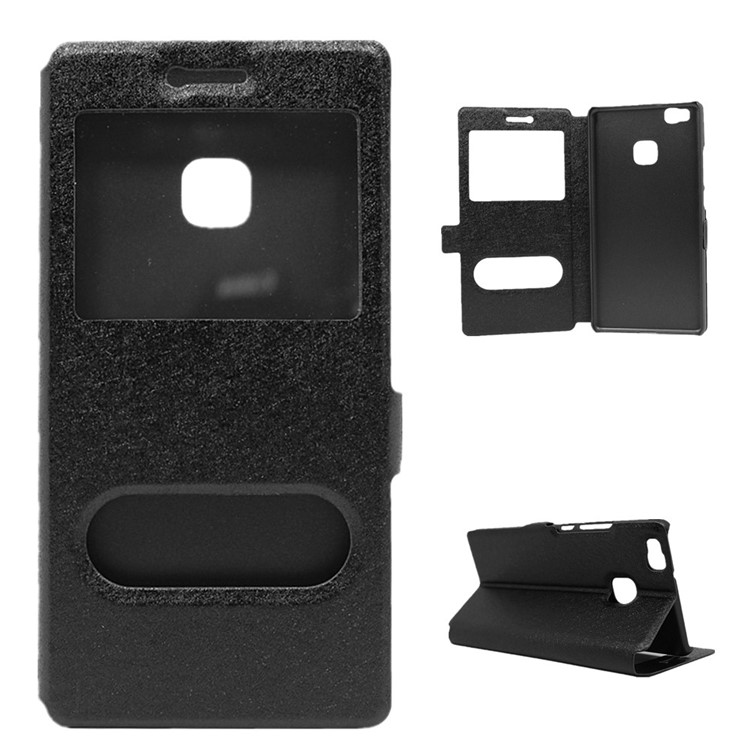 Dual View Windows Silk Texture Leder Stand Case für Huawei P9 Lite - Schwarz-1