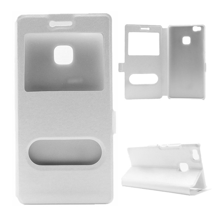 Dual View Windows Silk Texture Leather Stand Cover for Huawei P9 Lite - White-1