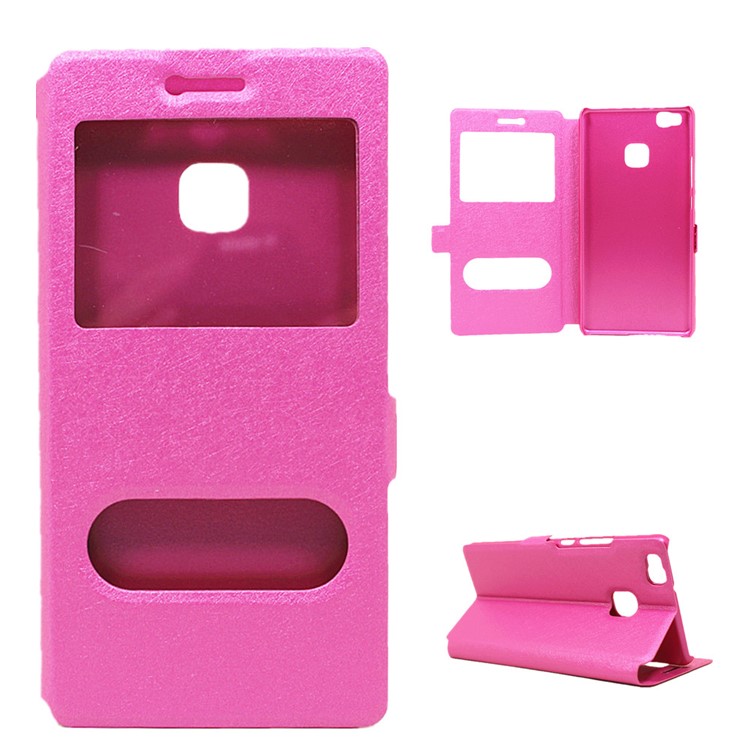 Dual View Windows Silk Texture Leather Stand Case Cover for Huawei P9 Lite - Rose-1