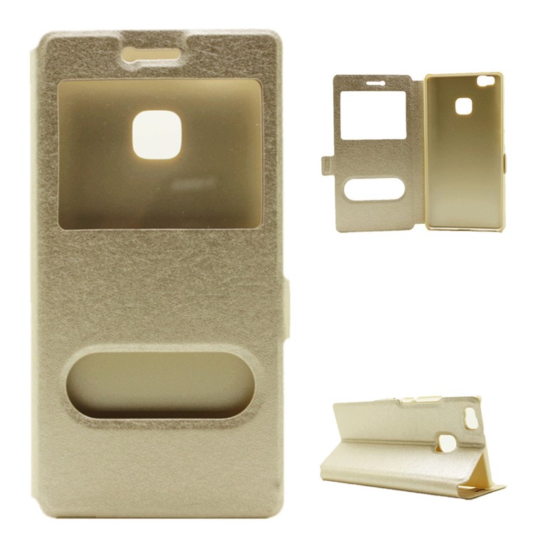 Dual View Windows Silk Texture Leather Stand Cover Case for Huawei P9 Lite - Champagne-1