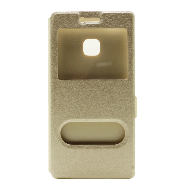 Dual View Windows Silk Texture Leather Stand Cover Case for Huawei P9 Lite - Champagne-2