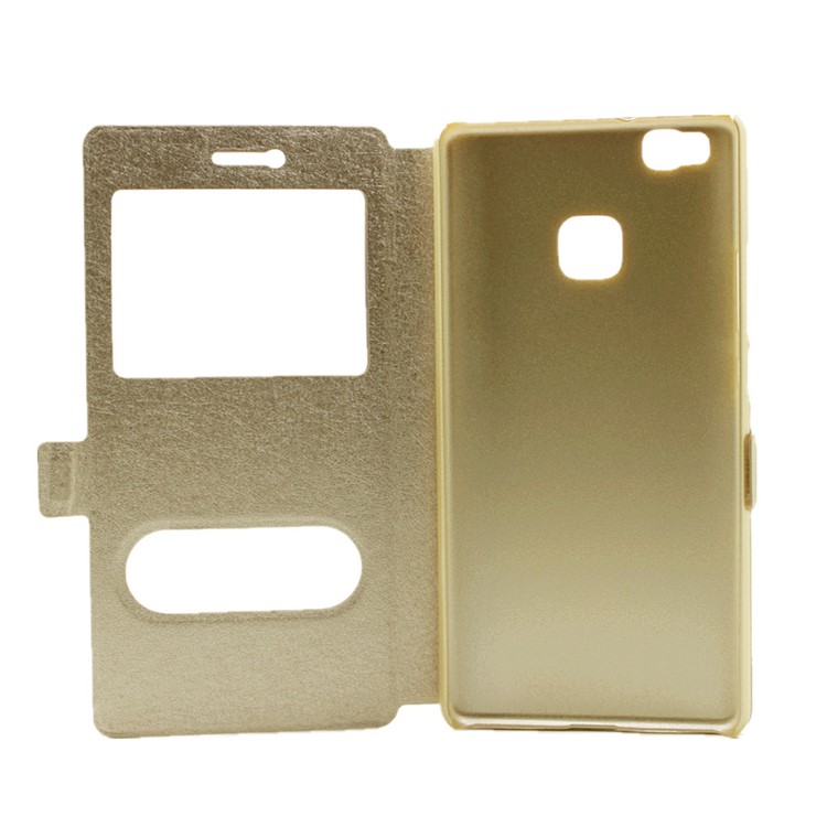 Dual View Windows Silk Texture Leather Stand Cover Case for Huawei P9 Lite - Champagne-4