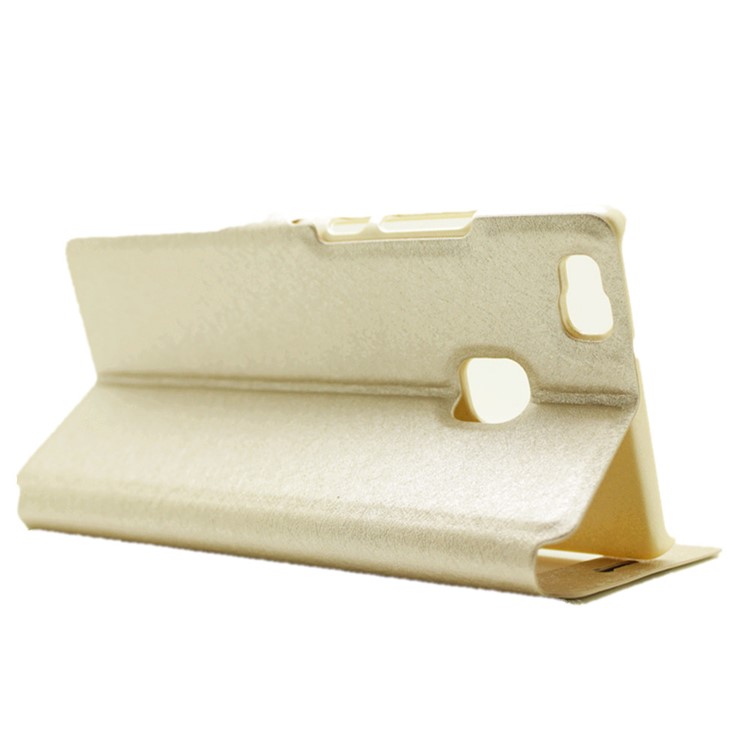 Dual View Windows Silk Texture Leather Stand Cover Case for Huawei P9 Lite - Champagne-5