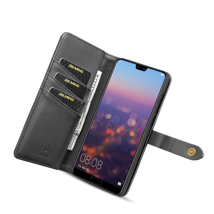 DG.MING Split Leather Wallet Cover + Detachable PC Phone Case for Huawei P20 Pro - Black-10