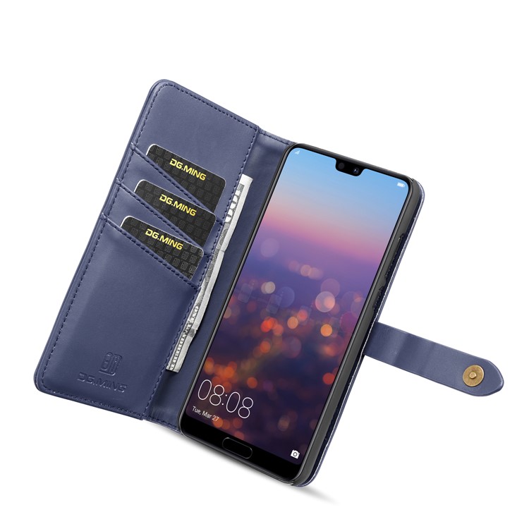 DG.MING Split Leather Wallet Cover + Detachable PC Phone Shell for Huawei P20 Pro - Blue-10