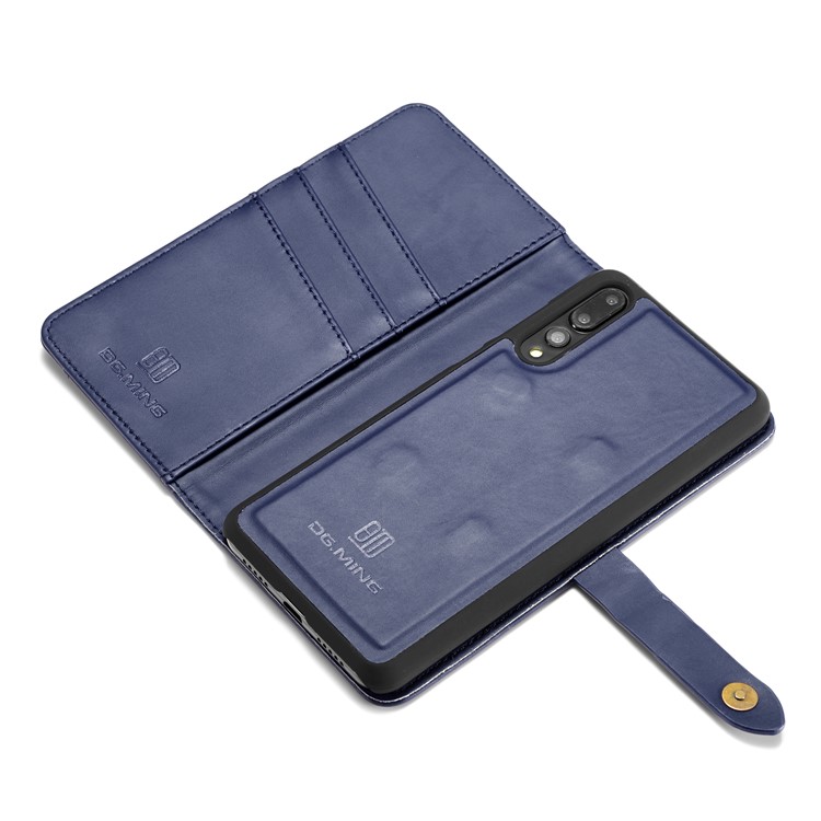 DG.MING Split Leather Wallet Cover + Detachable PC Phone Shell for Huawei P20 Pro - Blue-12