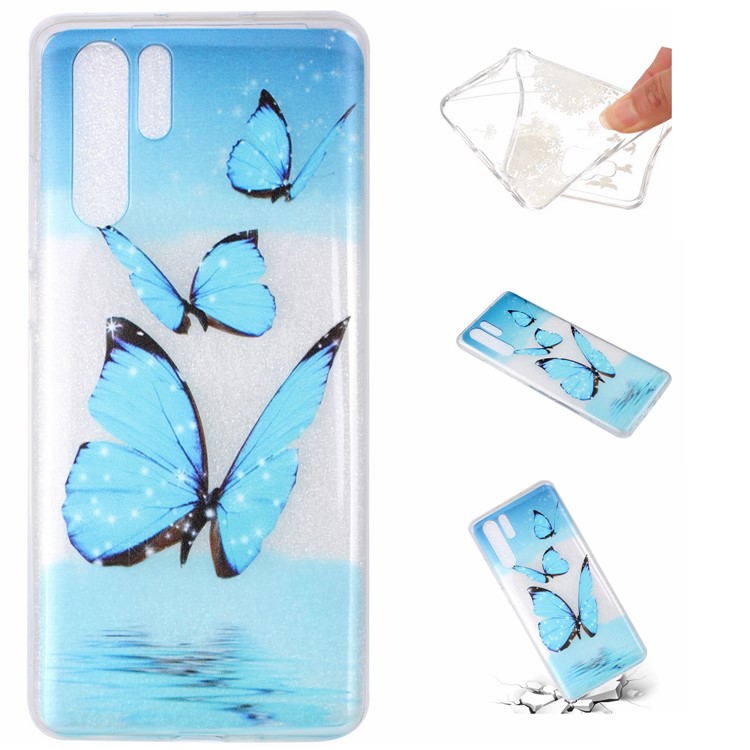 Embossing Pattern TPU Back Cover for Huawei P30 Pro - Blue Butterfly-1