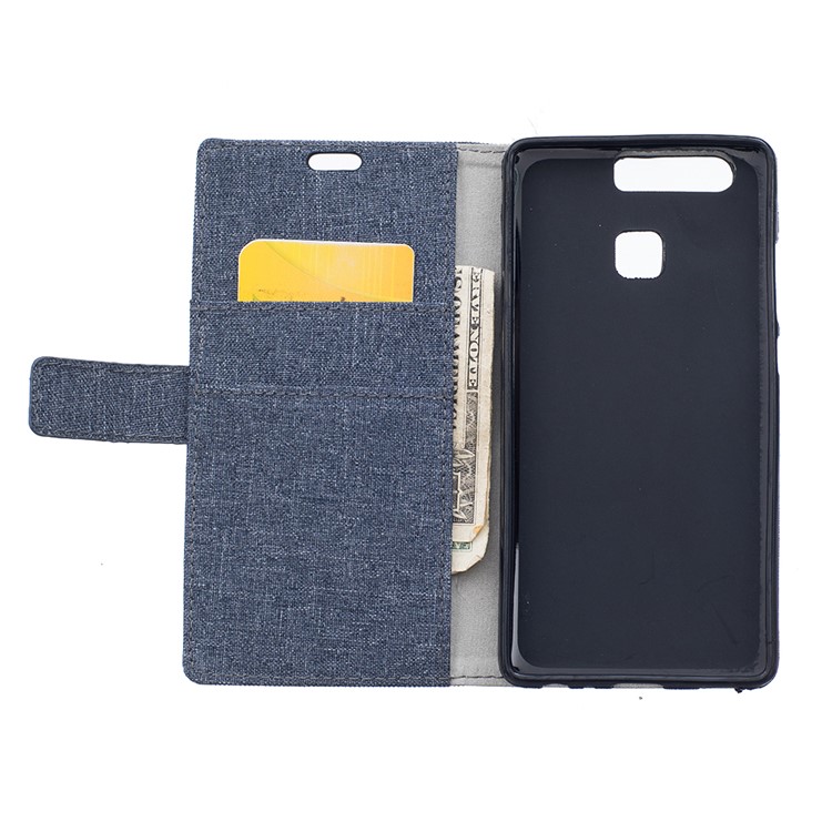 Linen Texture Leather Wallet Case for Huawei P9 - Dark Blue-6