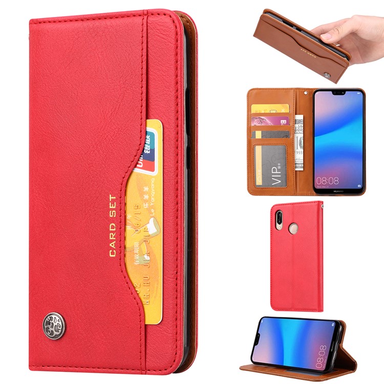PU Leather Auto-absorbed Stand Wallet Phone Cover for Huawei Honor 10 Lite / P Smart (2019) - Red-1