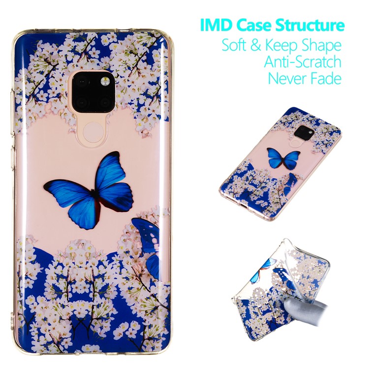 For Huawei Mate 20 Patterned IMD Soft TPU Mobile Phone Case - White Flower and Blue Butterfly-1