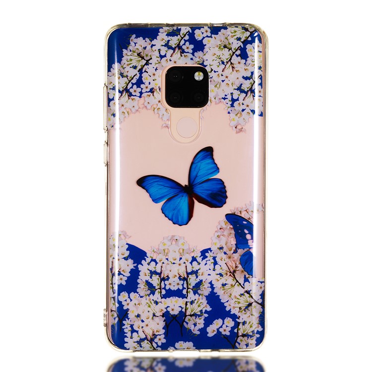 For Huawei Mate 20 Patterned IMD Soft TPU Mobile Phone Case - White Flower and Blue Butterfly-2