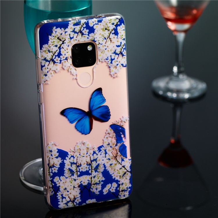 For Huawei Mate 20 Patterned IMD Soft TPU Mobile Phone Case - White Flower and Blue Butterfly-5
