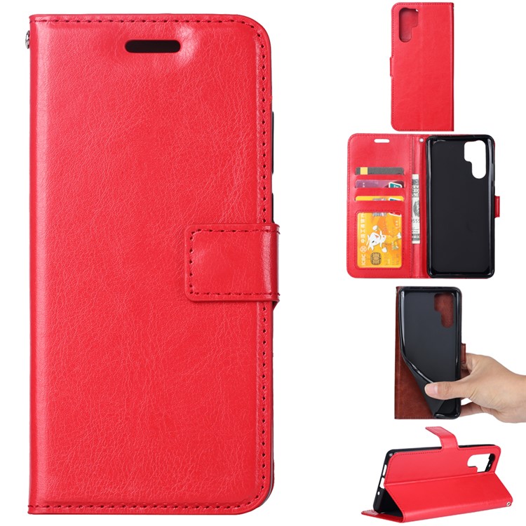 Cáscara Del Teléfono Del Cuero Del Soporte De La Cartera De La Textura Del Caballo Loco Para Huawei P30 Favorable - Rojo-1
