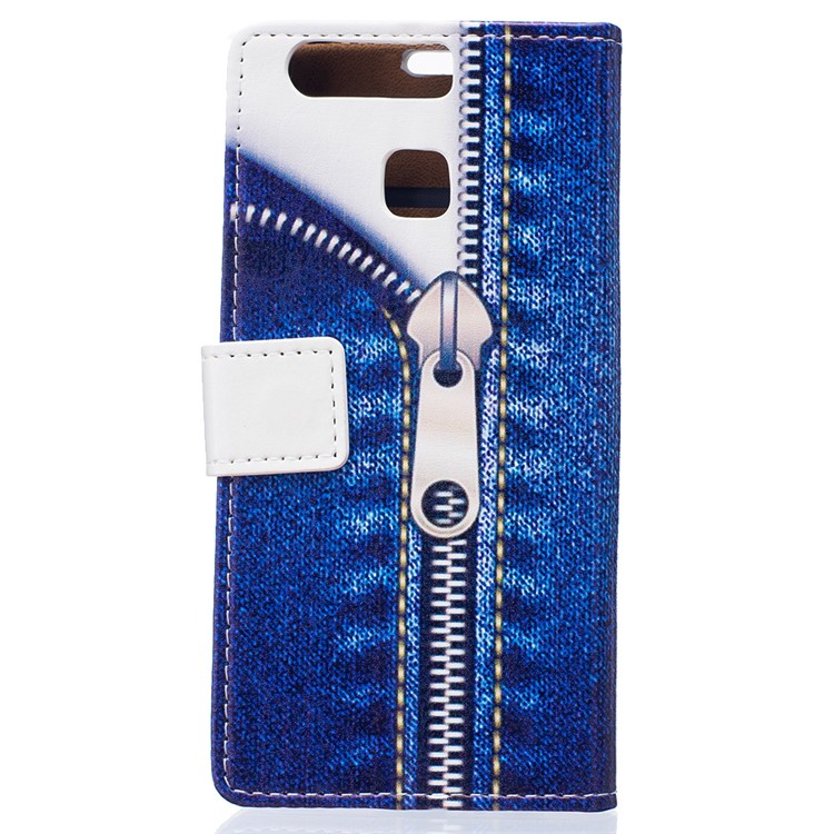 PU Leather Card Holder Case for Huawei P9 - Jeans Metal Zipper-2