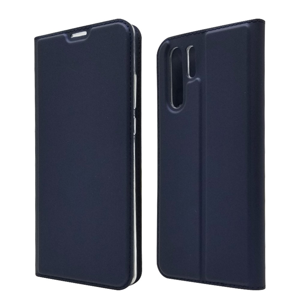 Coquille en Cuir de Support Absorbé Automatiquement Avec Fente de Carte Pour Huawei P30 Pro - Bleu-2