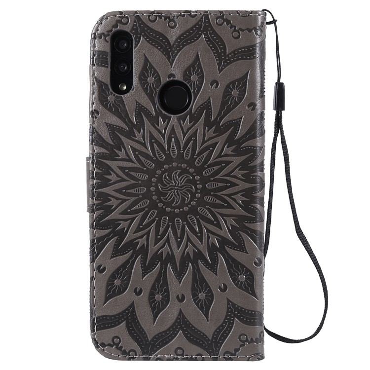 KT Imprinting Flower Series 1 Impronta Girasole PU Coperchio Magnetico Perchuratore Pullotto Per Huawei Honor 10 Lite / P Smart (2019) - Grigio