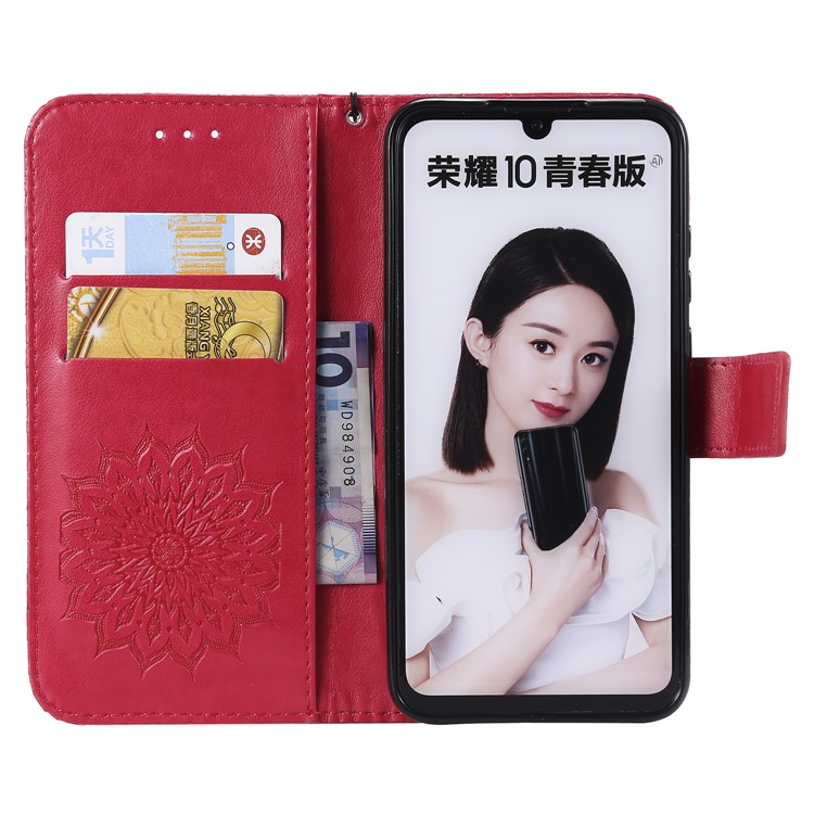 Imprint Sunflower PU Leather Wallet Magnetic Stand Case for Huawei Honor 10 Lite / P Smart (2019) - Red-4