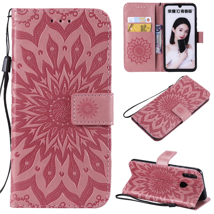 Imprint Sunflower PU Leather Wallet Magnetic Stand Shell for Huawei Honor 10 Lite / P Smart (2019) - Pink-1