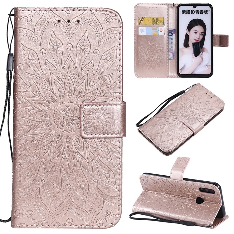 Imprint Sunflower PU Leather Wallet Magnetic Stand Casing for Huawei Honor 10 Lite / P Smart (2019) - Rose Gold-1