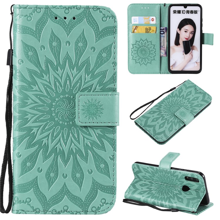Imprint Sunflower PU Leather Wallet Magnetic Stand Protective Cover for Huawei Honor 10 Lite / P Smart (2019) - Cyan-1