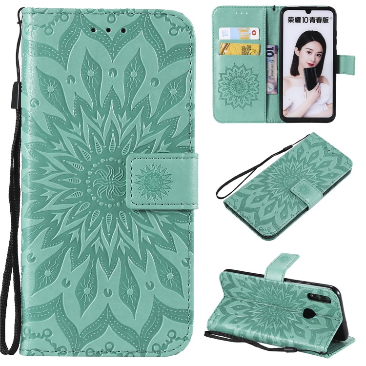 KT Impression de Fleurs Série 1 Empreinte Tournesol de Tournesol Portefeuille en Cuir Support Magnétique Couverture de Protection Pour Huawei Honor 10 Lite / P Smart (2019) - Cyan