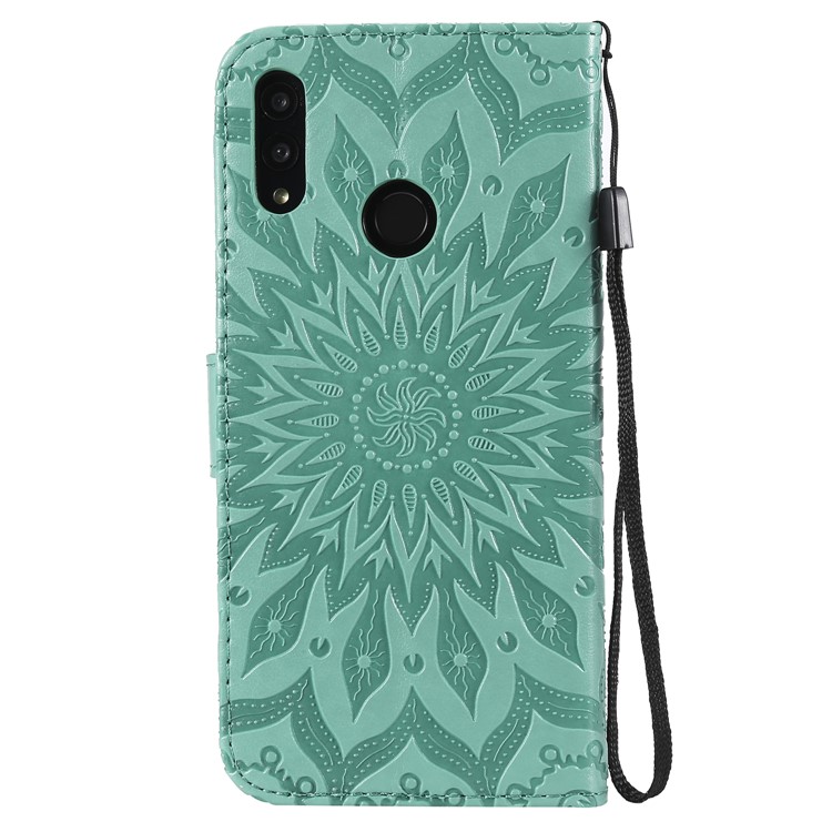 KT Impresión de Flores Series-1 Impresión de Girasol PU Cuero Billetera Magnetic Stand Protectora Para Huawei Honor 10 Lite / P Smart (2019) - Cian