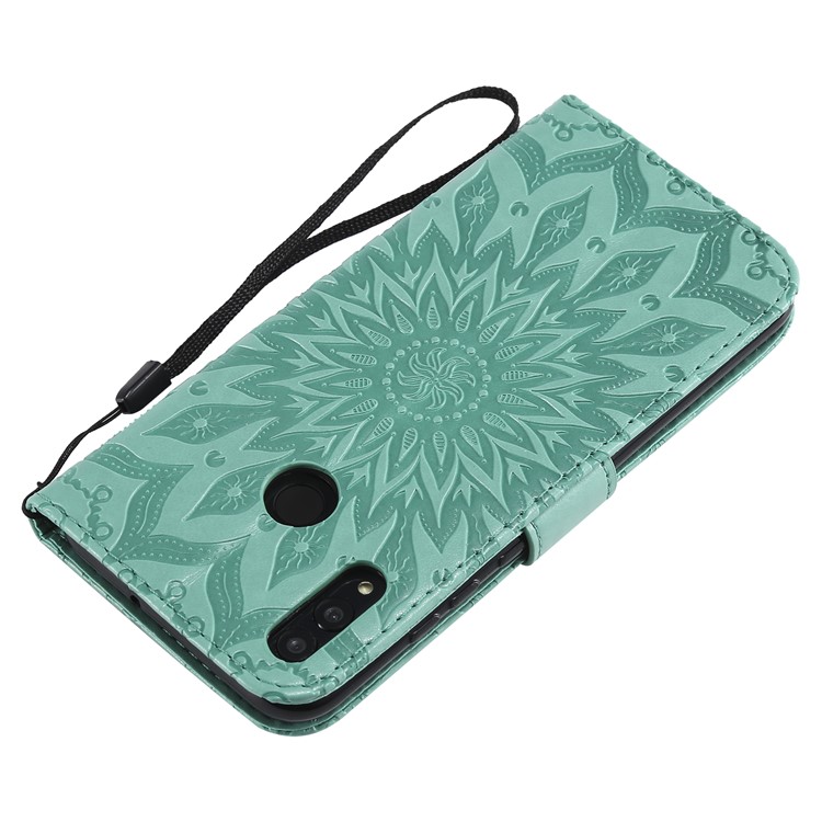 KT Impresión de Flores Series-1 Impresión de Girasol PU Cuero Billetera Magnetic Stand Protectora Para Huawei Honor 10 Lite / P Smart (2019) - Cian