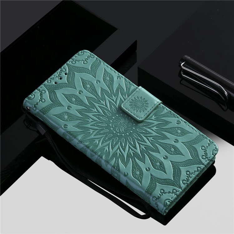 KT Impression de Fleurs Série 1 Empreinte Tournesol de Tournesol Portefeuille en Cuir Support Magnétique Couverture de Protection Pour Huawei Honor 10 Lite / P Smart (2019) - Cyan