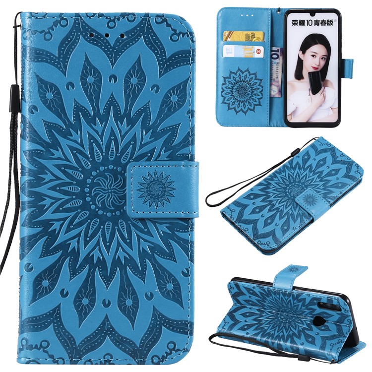 Imprint Sunflower PU Leather Wallet Magnetic Stand Protective Shell for Huawei Honor 10 Lite / P Smart (2019) - Blue-1