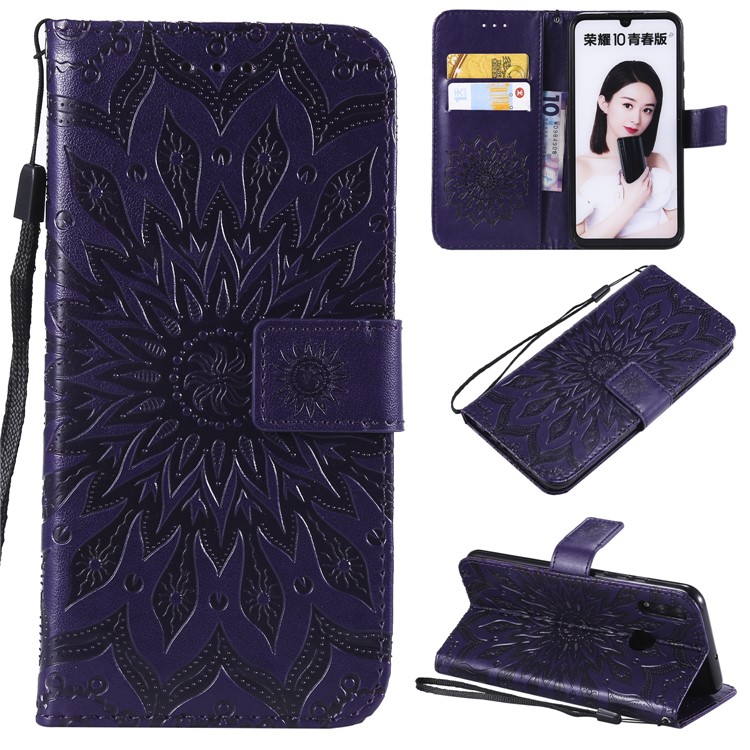 Imprint Sunflower PU Leather Wallet Magnetic Stand Flip Cover for Huawei Honor 10 Lite / P Smart (2019) - Purple-1