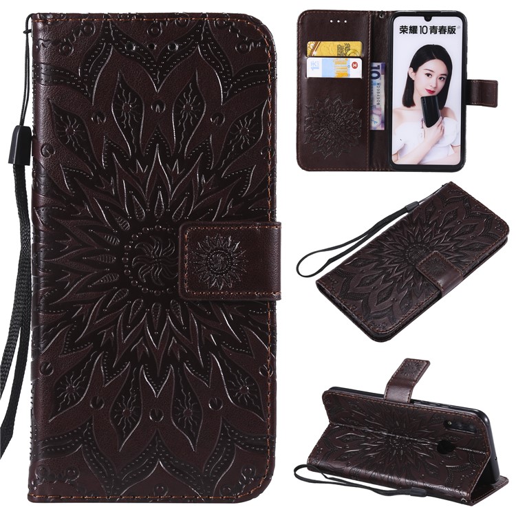 Imprint Sunflower PU Leather Wallet Magnetic Stand Flip Protective Cover for Huawei Honor 10 Lite / P Smart (2019) - Brown-1