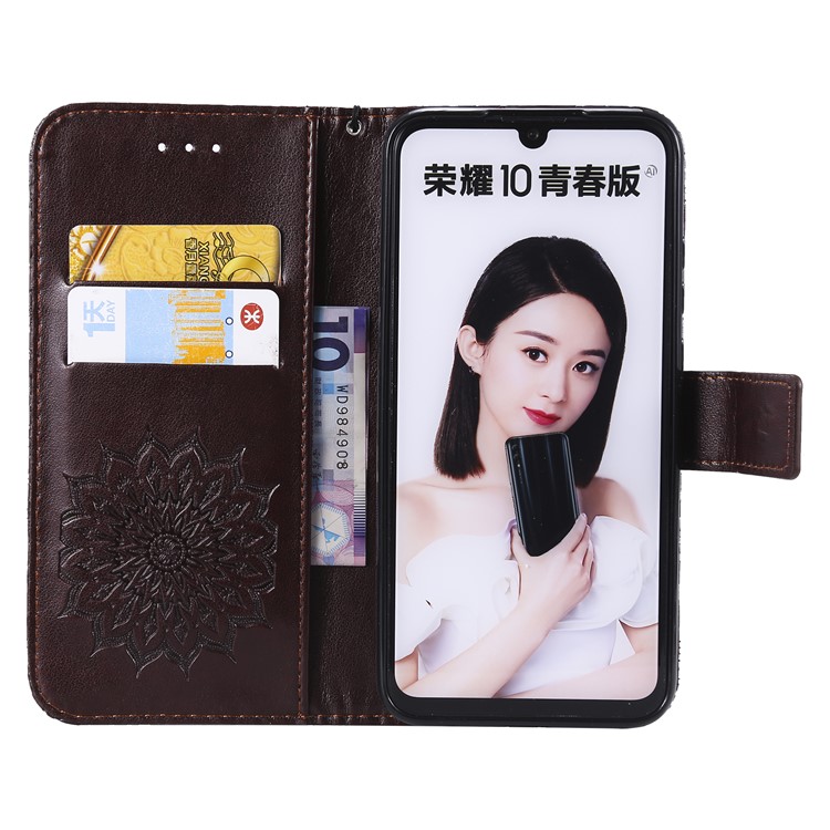 Imprint Sunflower PU Leather Wallet Magnetic Stand Flip Protective Cover for Huawei Honor 10 Lite / P Smart (2019) - Brown-4