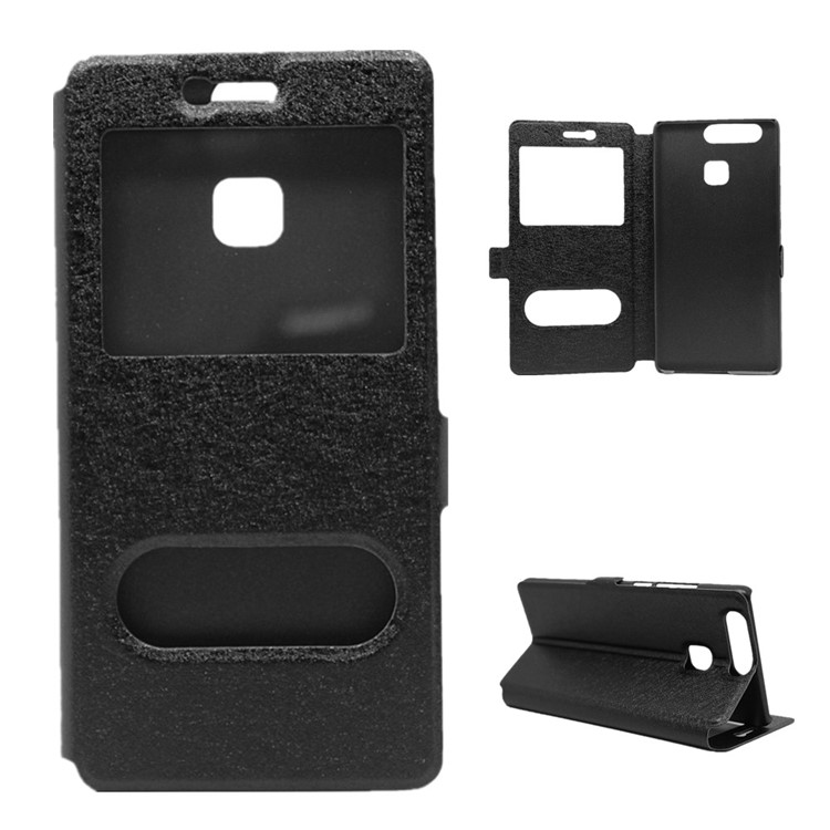 Silk Texture Dual Window Leather Stand Case for Huawei P9 - Black-1
