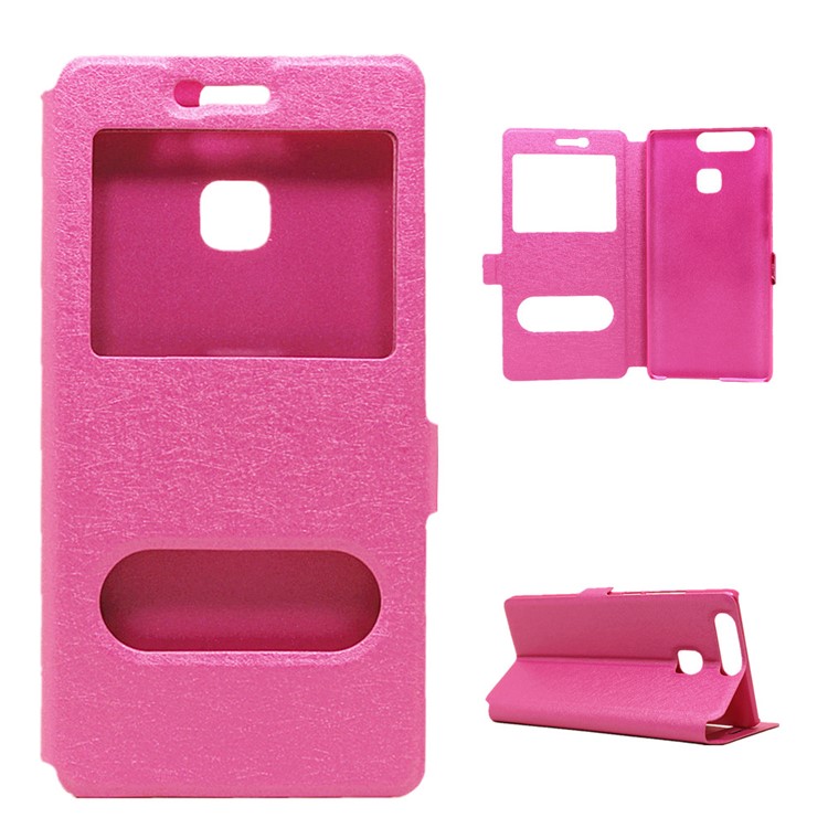 Silk Texture Dual Window Leather Phone Case for Huawei P9 - Rose-1