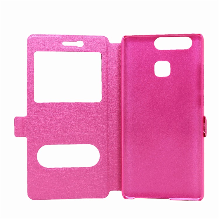 Silk Texture Dual Window Leather Phone Case for Huawei P9 - Rose-4