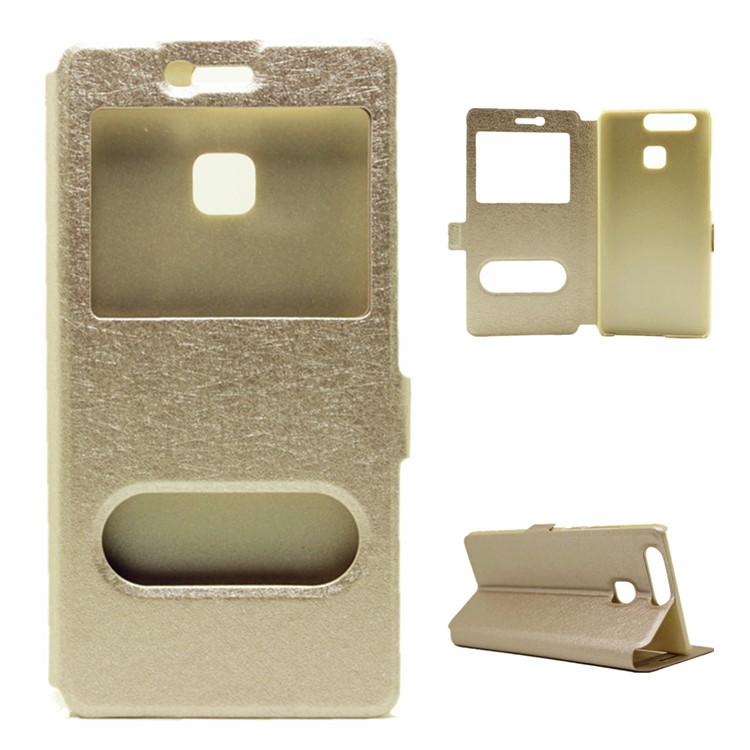 Silk Texture Leather Case with Dual Windows for Huawei P9 - Gold-1
