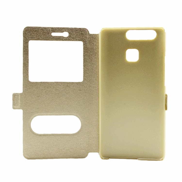Silk Texture Leather Case with Dual Windows for Huawei P9 - Gold-4