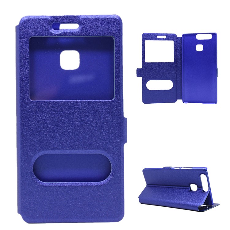 Silk Texture Dual Window Leather Stand Case for Huawei P9 - Blue-1