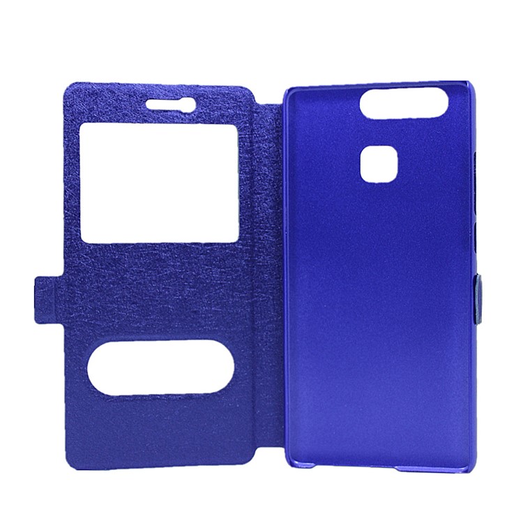 Silk Texture Dual Window Leather Stand Case for Huawei P9 - Blue-4