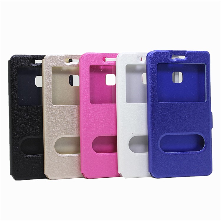 Silk Texture Dual Window Leather Stand Case for Huawei P9 - Blue-9
