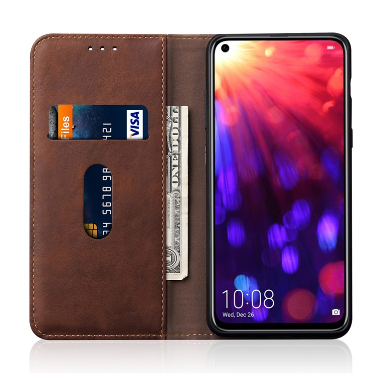 Auto-absorbed Crazy Horse Vintage Leather Stand Casing for Huawei Honor View 20 / V20 - Coffee-3