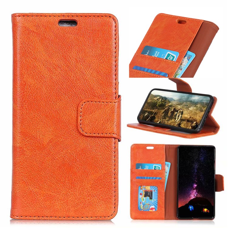 Textured Split Leather Wallet Magnetic Shell for Huawei Y7 (2019) - Orange-1
