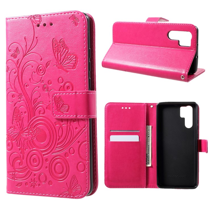Imprinted Butterfly Flower PU Leather Mobile Case for Huawei P30 Pro - Rose-1