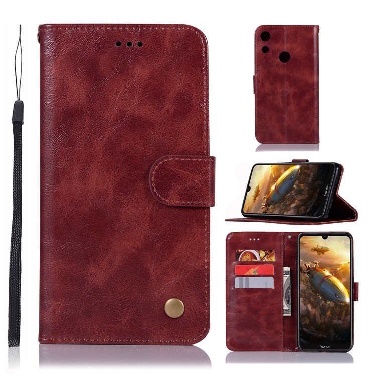 Premium Vintage Leather Wallet Phone Case for Huawei Honor 8A - Wine Red-1